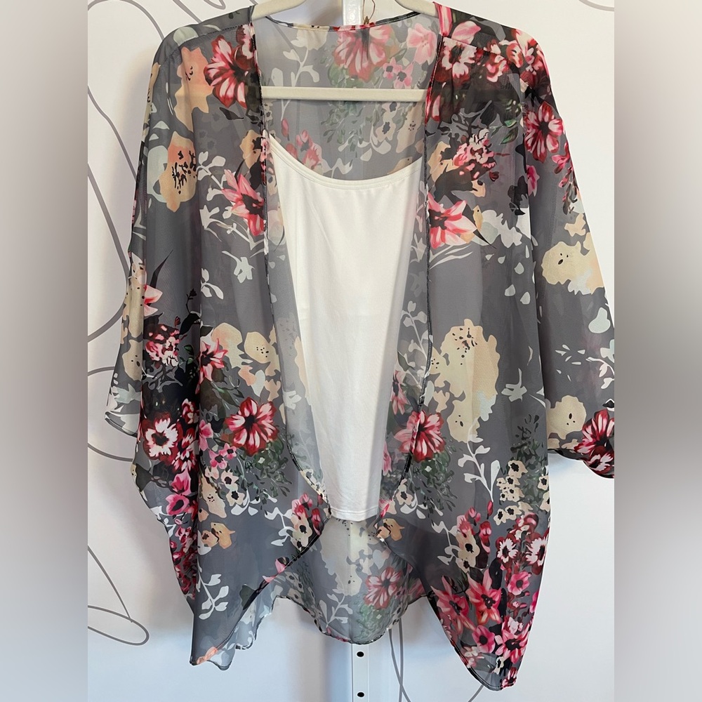 Floral Sheer Kimono Cardigan - Gray with Pink Floral